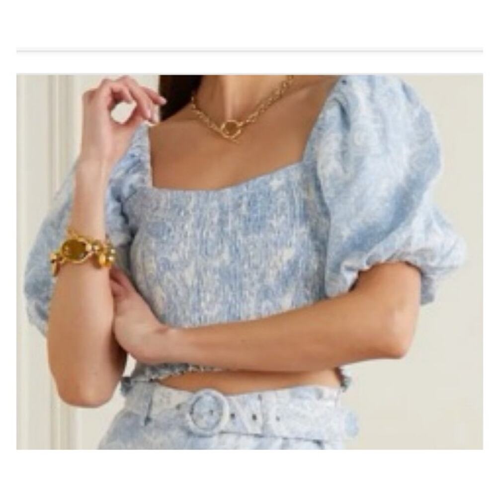 Faithful The Brand Sz 2 Square Neck Top Blue Floral Stretch Boho Cottage Linen
